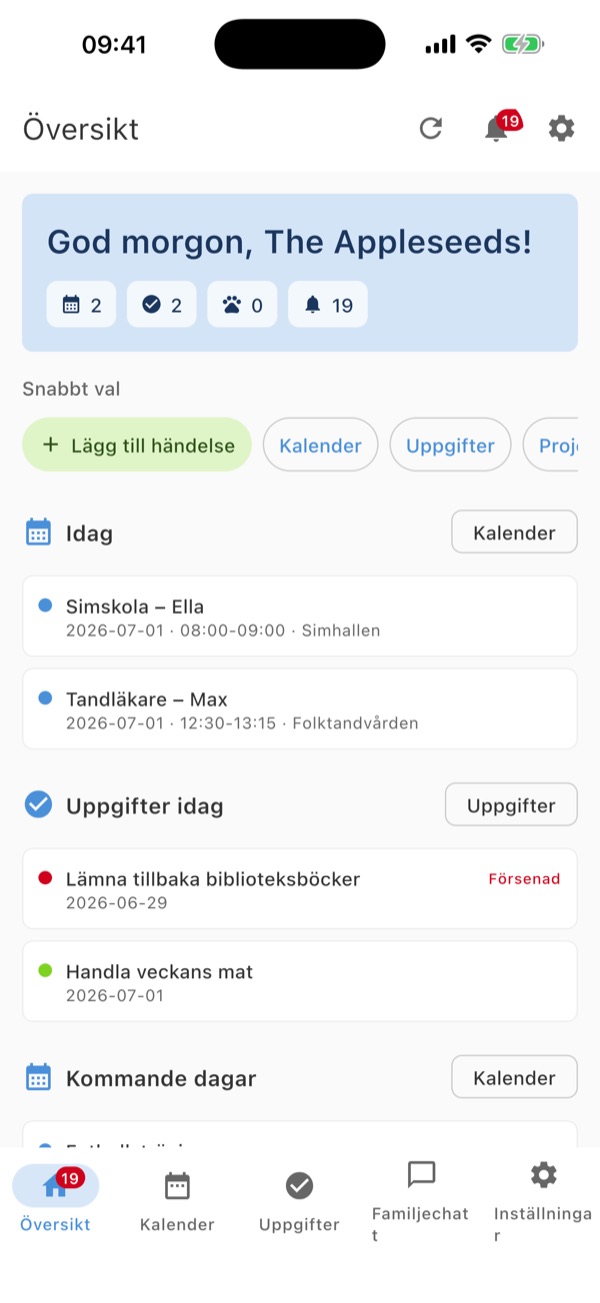 Översikten i FamCal-appen med dagens händelser och uppgifter