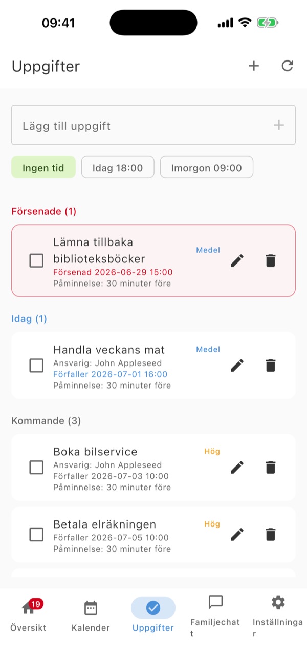 Uppgiftslistan i FamCal-appen